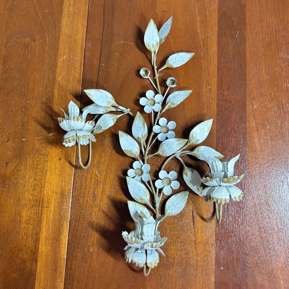 Vintage Metal Floral Wall Sconce 3 Light Candle Holder White Gold Shabby Chic